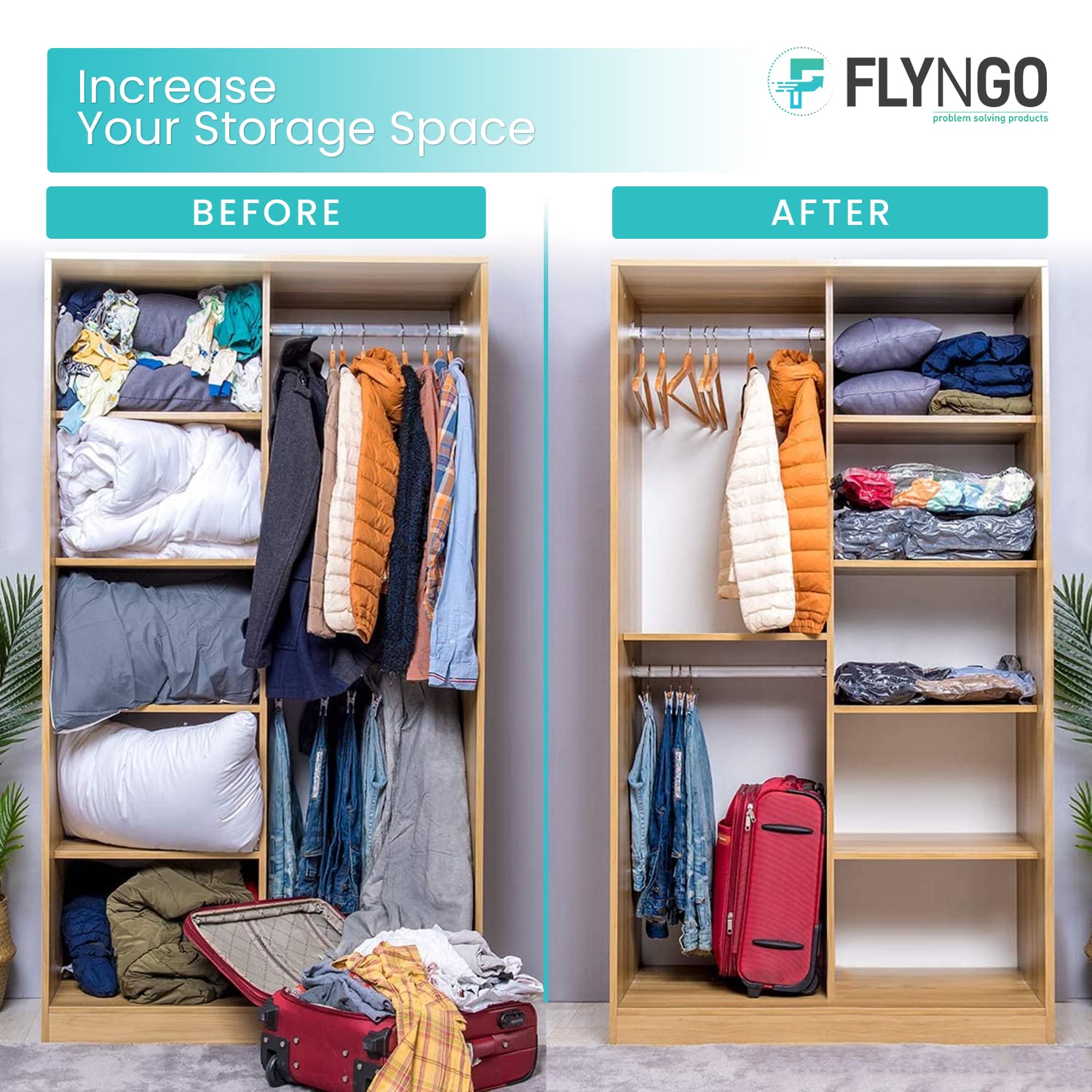 Flyngo Polypropylene Reusable Ziplock Vacuum Storage Space Saver Bags For Clothes With Travel Hand Pump-(Large-Pack Of 3(60Cmx80